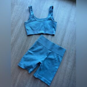 Blue Ribbed Seamless Workout Set (Sports Bra + High-Waisted Shorts) 💙